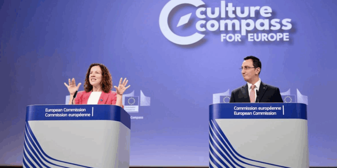 Eurokomisári Roxana Minzatu a Glenn Micallef pri predstavovaní Kultúrneho kompasu. PHOTO: European Union 2025.